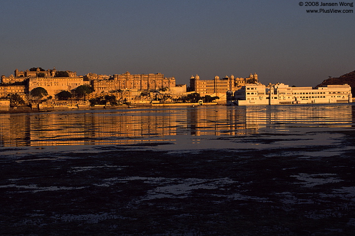 夕阳下的Lake Palace和City Palace一片金黄